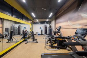 treadmills, rowing machines, weights and more in the fitness center at Jack apartments.