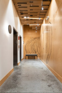 a modern hallway with a wooden planked ceiling and cement floor.